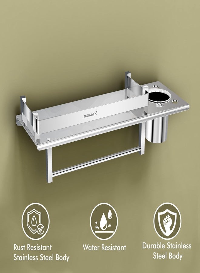 Primax Stainless Steel Nickel 3 in 1 Multipurpose Bathroom Shelf, Towel Hanger (Chrome, Silver, 15 x 5 Inches) - Image 3